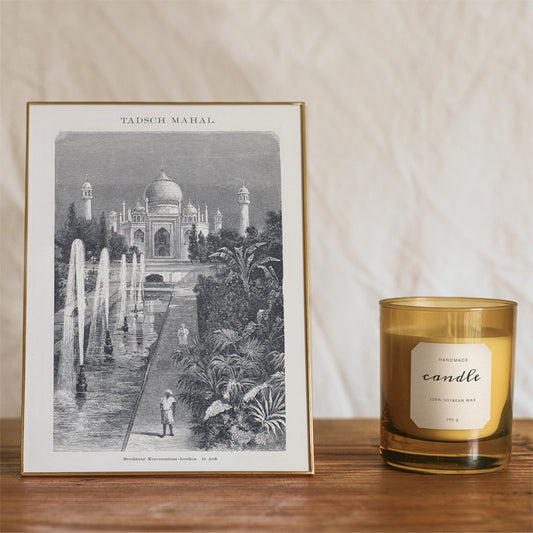 Taj Mahal artwork with fountains and lush gardens by The Institute of Liepzig detailed sketch and poster, framed and displayed in home decor