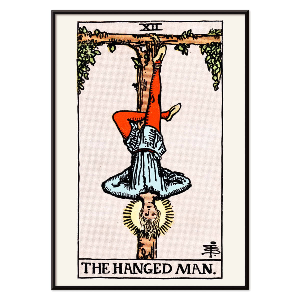 Hanged Man Tarot Card by Rider Waite, figure hanging upside down from wooden structure, mystical poster art, with black aluminium frame on white background
