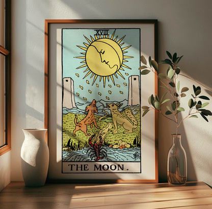 Tarot The Moon by Rider Waite poster featuring celestial moon two towers two dogs and a crayfish in a mystical landscape, framed and displayed in modern living room decor