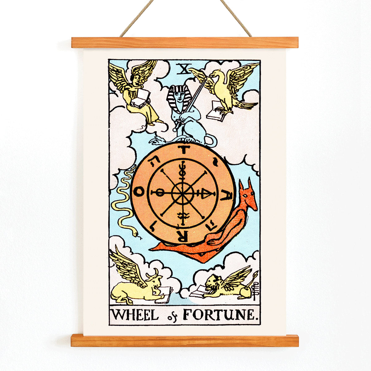 Tarot The Wheel Of Fortune by Rider Waite featuring a mystical wheel surrounded by mythical creatures poster and card artwork, with wooden magnetic frame on white background