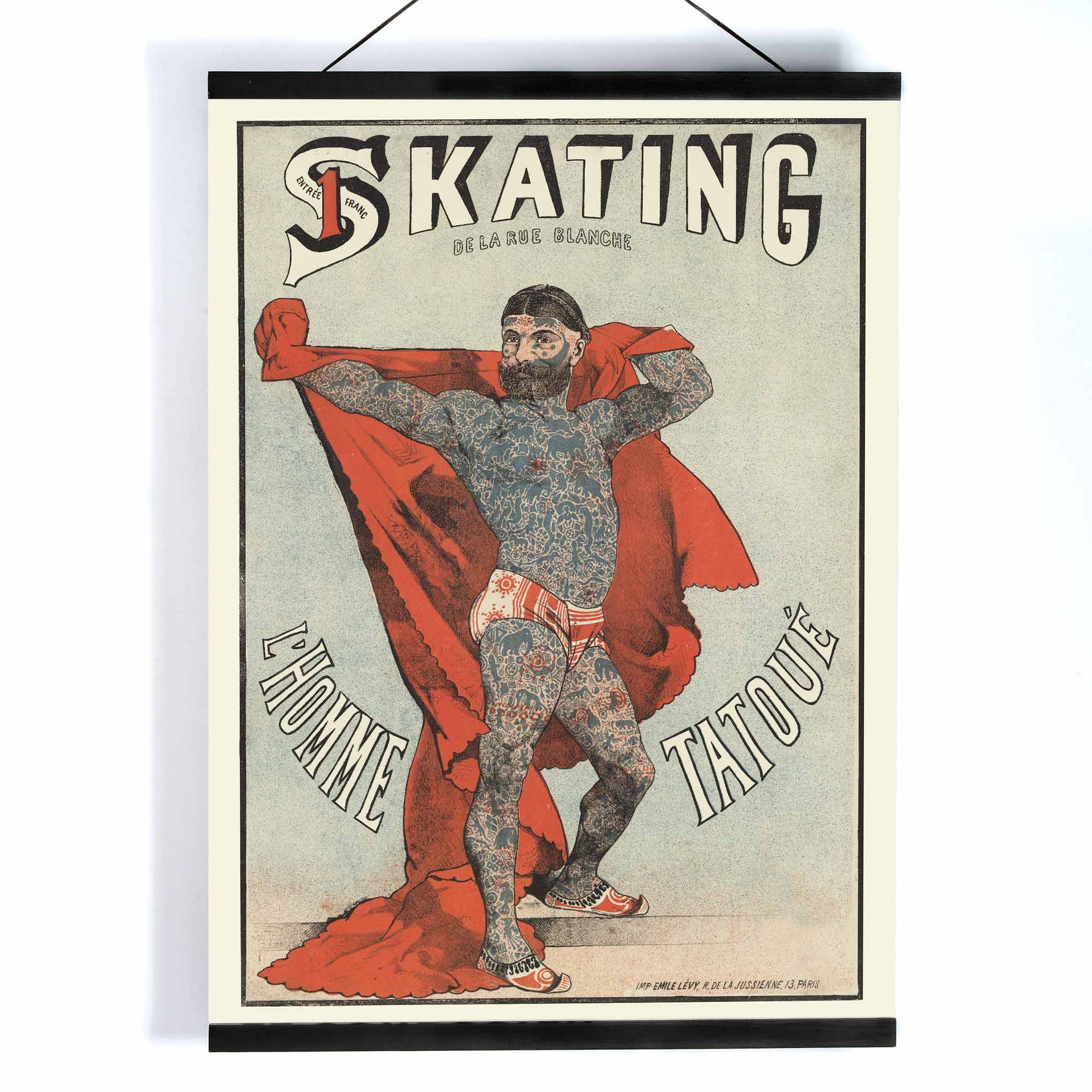 Emile Levy Skating de la Rue Blanche The Tattooed Man vintage lithograph poster with red drape, with wooden magnetic frame on white background