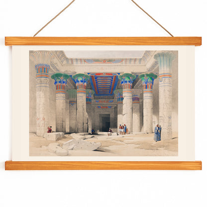 Colorful columns ancient ruins and Egyptian temple pillars with people in Grand Portico of the Temple of Philae by David Roberts, with wooden magnetic frame on white background