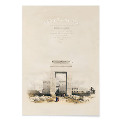 Ancient Egyptian gateway and Great gateway at Temple of Karnak Thebes with hieroglyphs people and ruins artwork by David Roberts, with black aluminium frame on white background