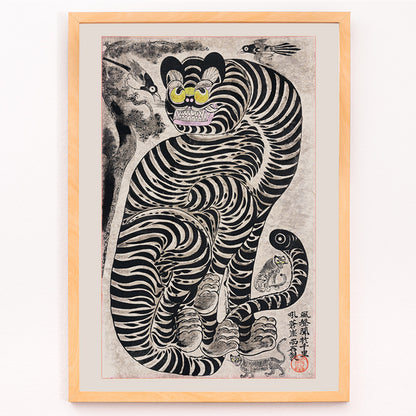 Closeup detail of Vintage Japanese style poster of a bold striped tiger with birds by Talismanic tiger perfect for home wall decor