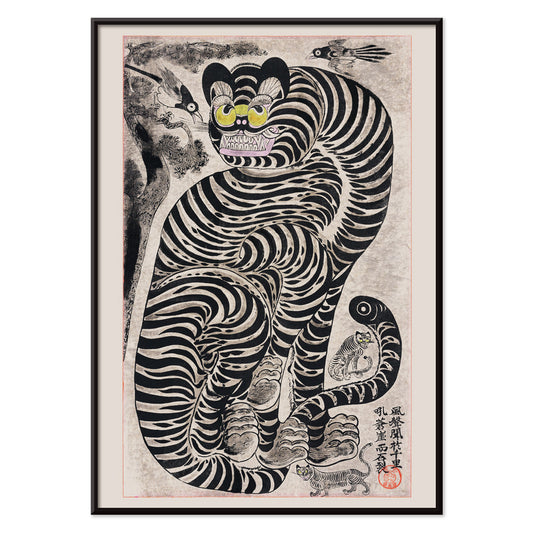 Vintage Japanese style poster of a bold striped tiger with birds by Talismanic tiger perfect for home wall decor, with black aluminium frame on white background