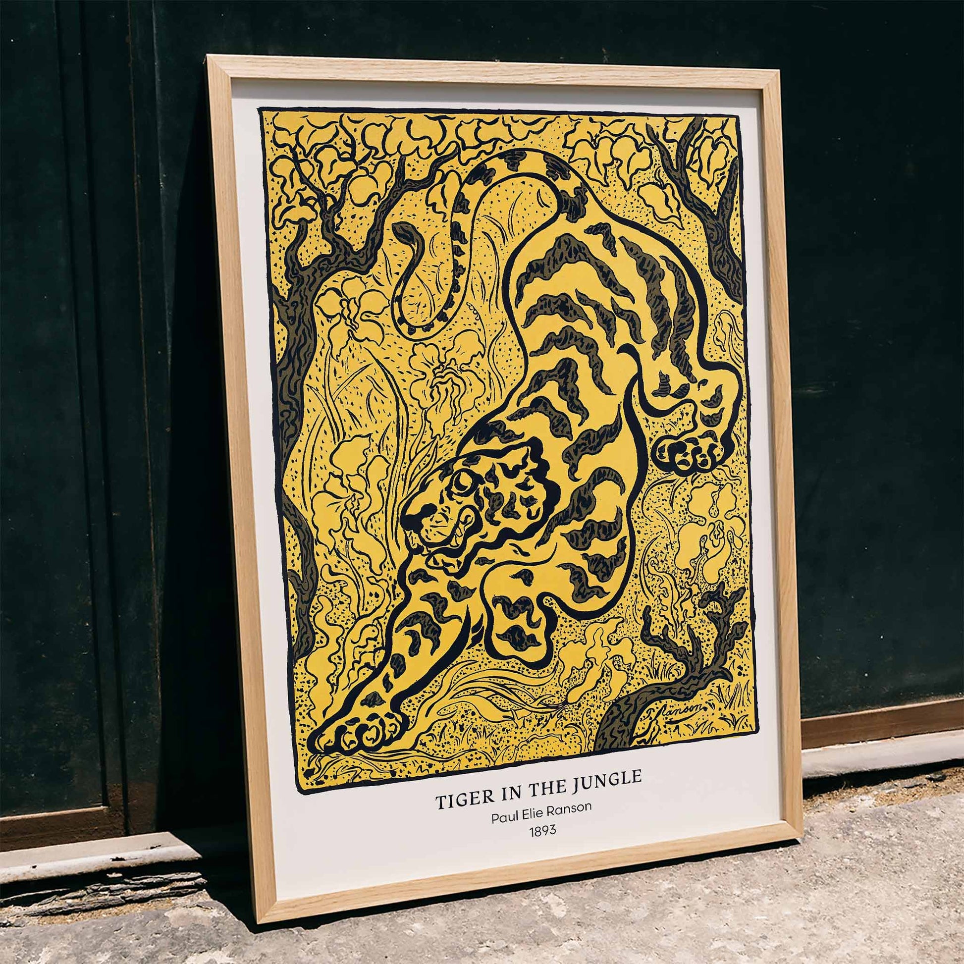 Tiger in the Jungle by Paul Ranson stylized illustration and poster of a tiger prowling through dense jungle foliage, framed and displayed in home decor