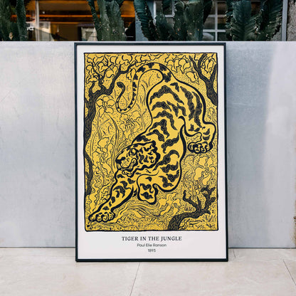 Tiger in the Jungle by Paul Ranson stylized illustration and poster of a tiger prowling through dense jungle foliage, framed and displayed in modern living room decor