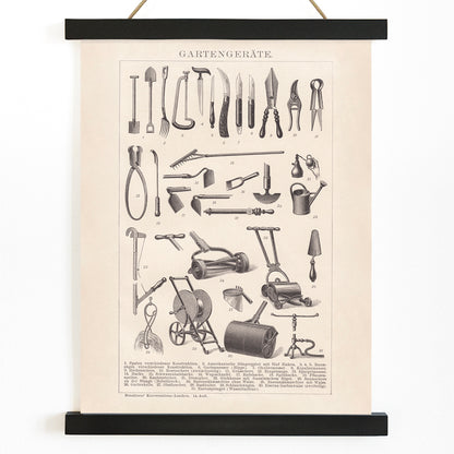 Vintage gardening tools illustration and poster lineup by Bibliographic institute of Liepzig Gartengeräte, with wooden magnetic frame on white background