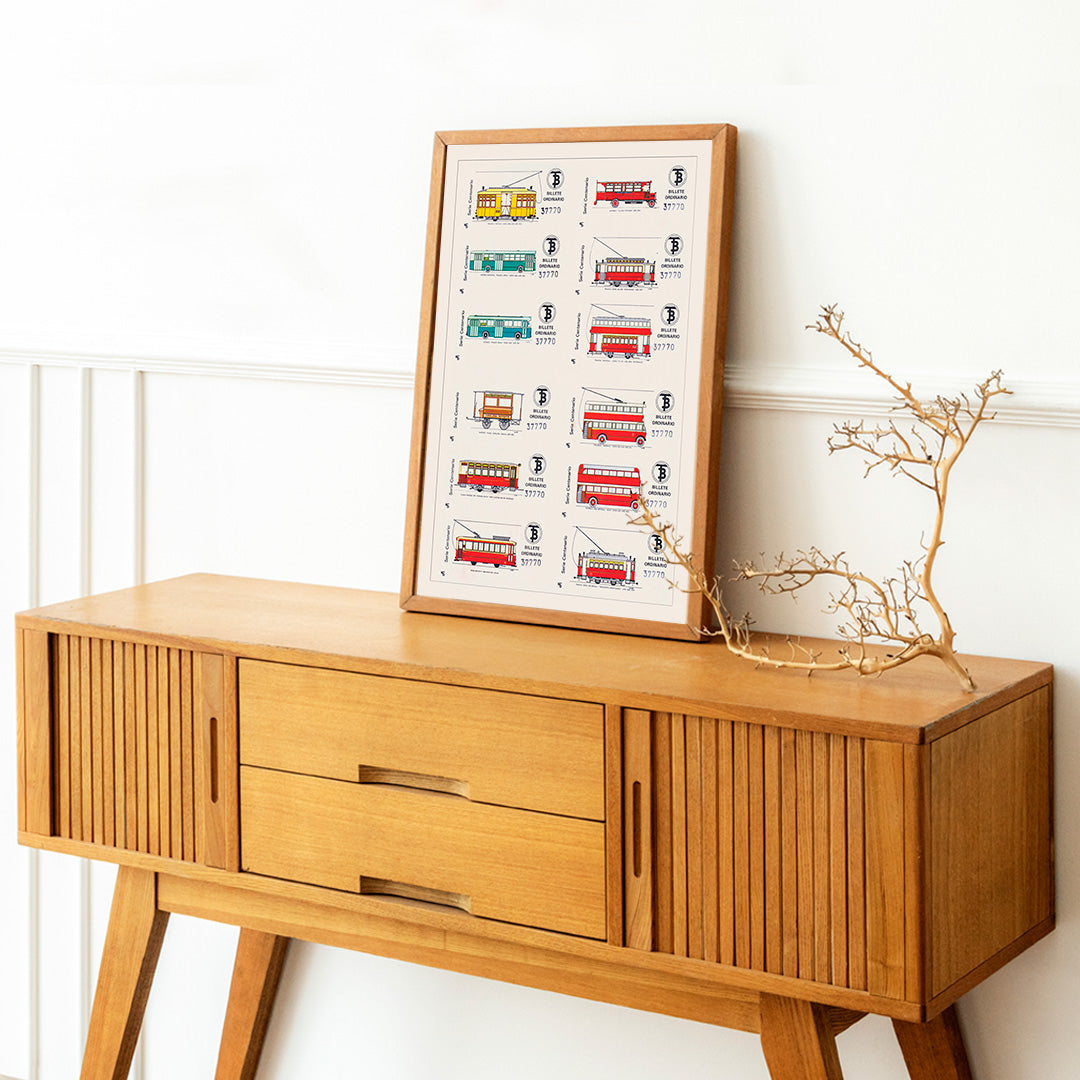 Vintage Barcelona bus and tram ticket illustrations poster Billetes Bus Barcelona artwork, framed and displayed in home decor