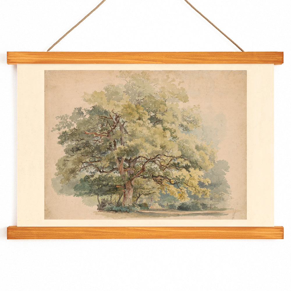 Lonely tree peaceful landscape painting and poster artwork by George Andries Roth, with wooden magnetic frame on white background