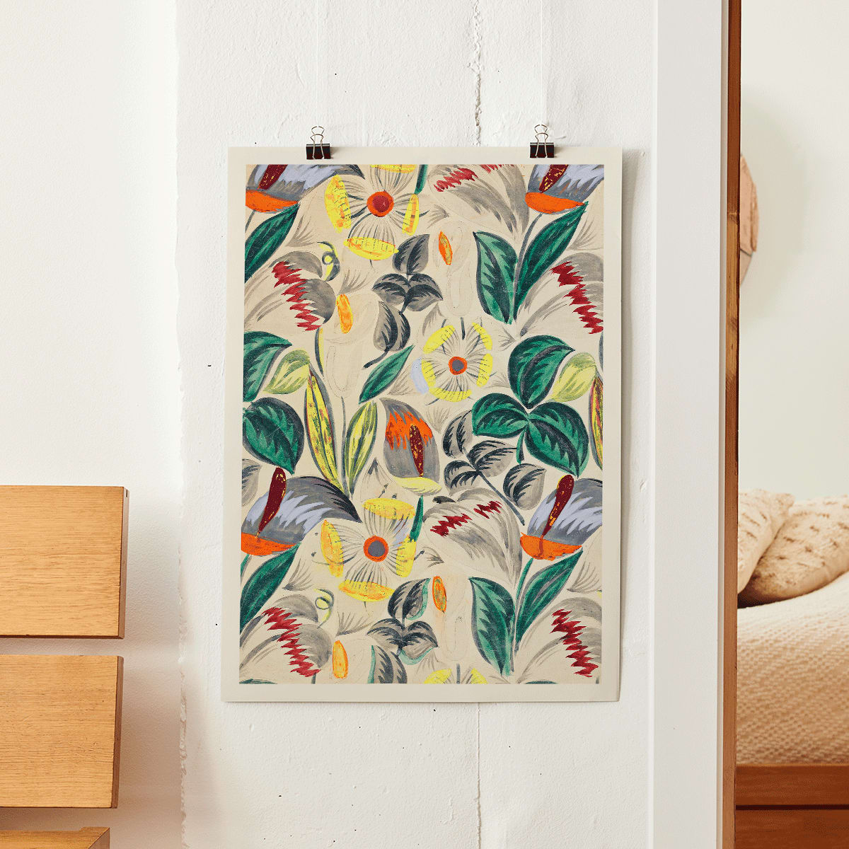 Vibrant tropical flowers and lush greenery textile design pattern titled Tropical Flowers II colorful foliage and blossoms poster, framed and displayed in home decor