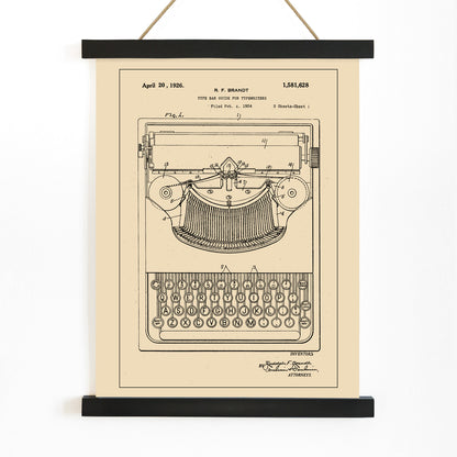 Vintage typewriter patent illustration by R F Brandt with technical details and drawing, with wooden magnetic frame on white background