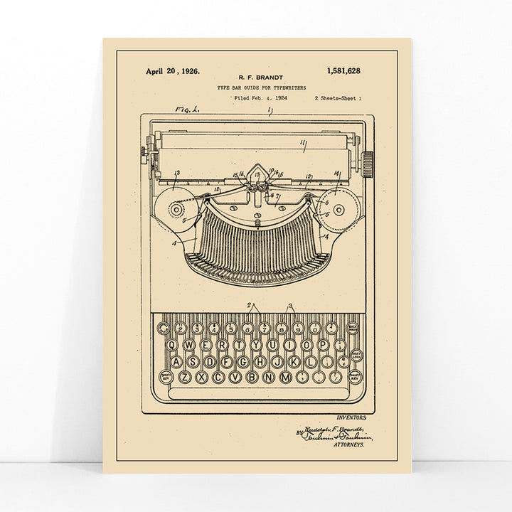 Vintage typewriter patent illustration by R F Brandt with technical details and drawing, framed and displayed in modern living room decor