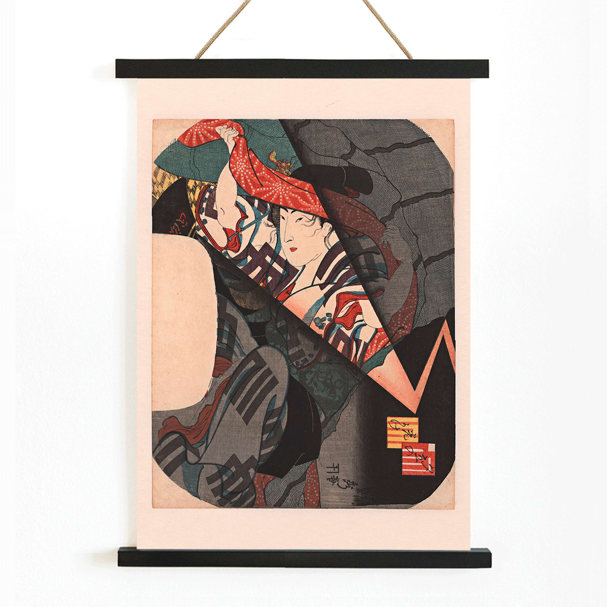 Person taking shelter under a patterned cloth during a thunderstorm in the evening by Utagawa Sadahide Japanese art poster, with wooden magnetic frame on white background