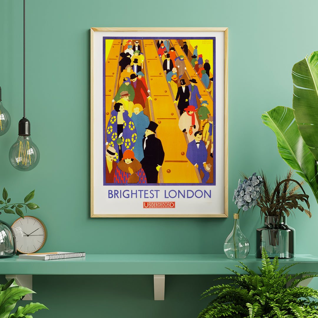 Colorful crowds on London Underground escalators artwork Brightest London by Horace Taylor poster, framed and displayed in home decor