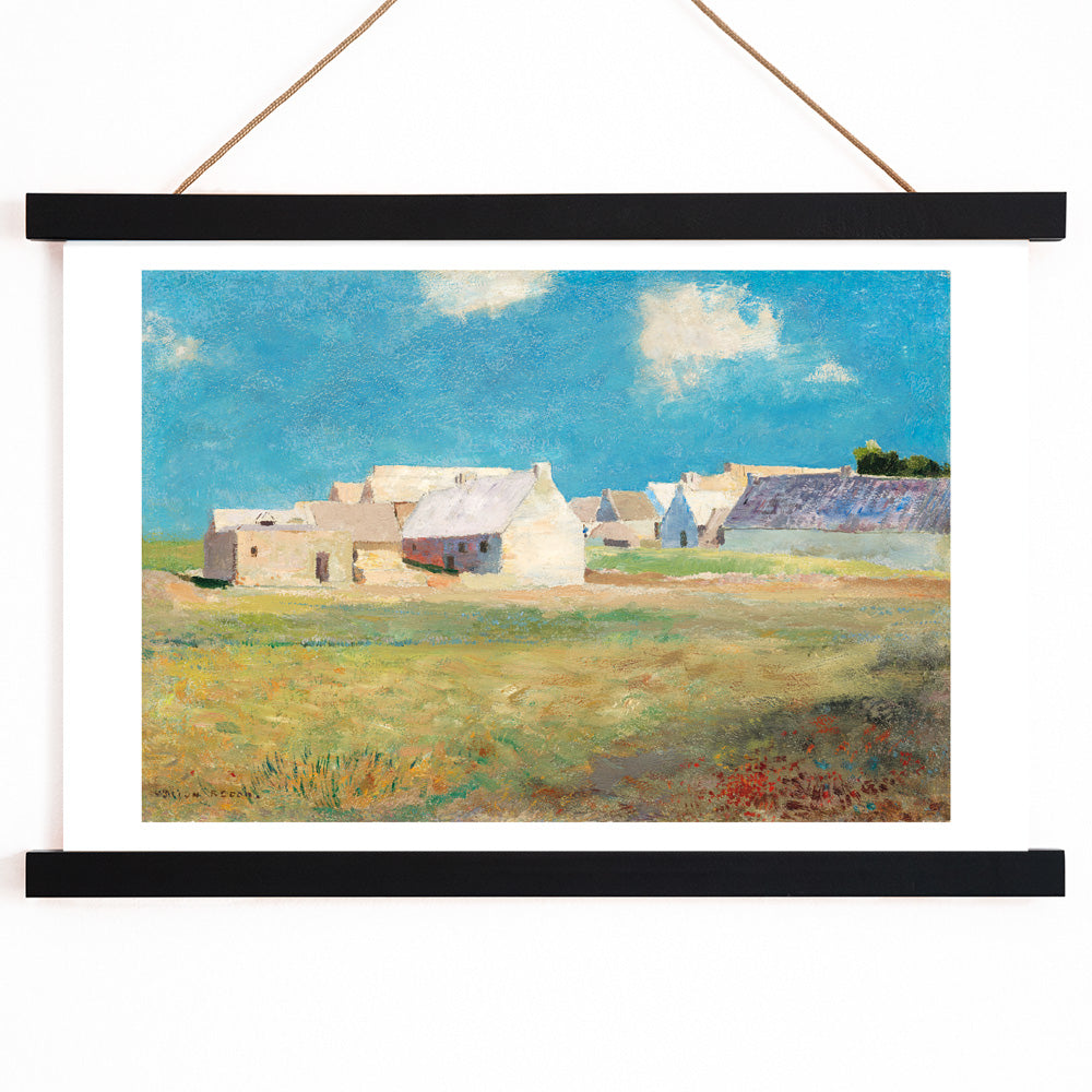 Breton Village by Odilon Redon rural landscape poster with houses blue sky and open grassy fields, with wooden magnetic frame on white background