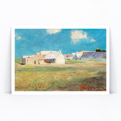 Breton Village by Odilon Redon rural landscape poster with houses blue sky and open grassy fields, framed and displayed in modern living room decor