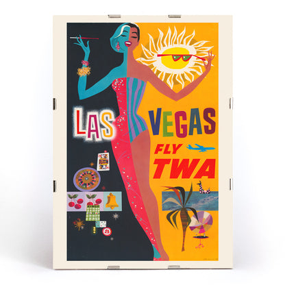 Colorful vintage Las Vegas travel poster by David Klein featuring showgirl stylish woman sun and casino imagery promoting Las Vegas fly TWA, framed and displayed in modern living room decor