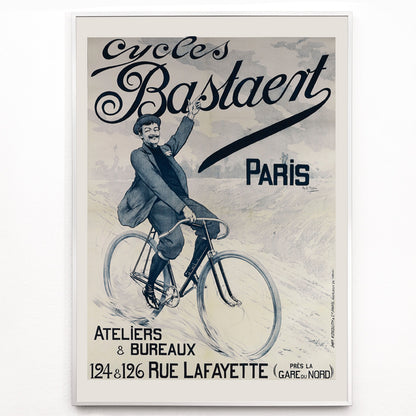 Closeup detail of Vintage bicycle poster joyful man riding and waving on Cycles Bastaent Paris bike artwork by Charles Tichon