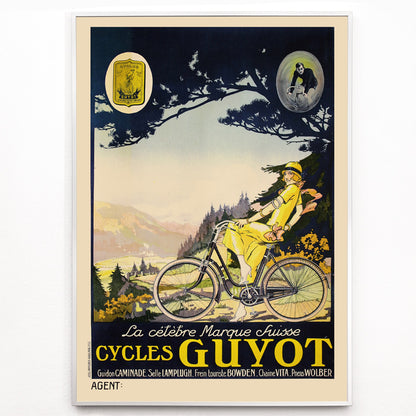 Closeup detail of Woman in yellow riding a bicycle through a scenic landscape Cycles Guyot vintage poster artwork