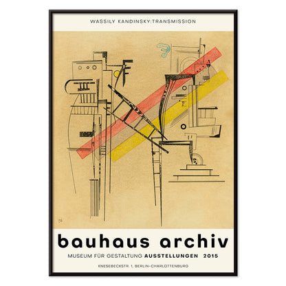 Transmission by Wassily Kandinsky abstract geometric forms poster at Bauhaus Archiv Museum Berlin exhibition, with black aluminium frame on white background