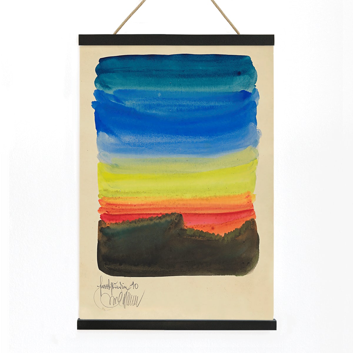 Abstract watercolor landscape poster by Karl Wiener Farbstudien 10 Blätter X featuring vibrant blue yellow red and black horizontal brushstrokes, with wooden magnetic frame on white background