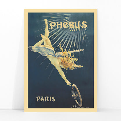 Poster of a winged figure with golden hair falling toward a bicycle wheel in Phébus by Henri Boulanger Gray, framed and displayed in modern living room decor