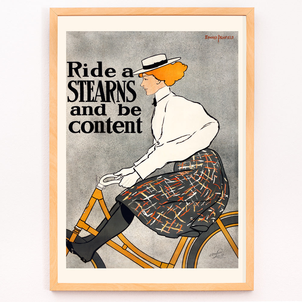 Closeup detail of Vintage poster of a woman riding a bicycle with the text Ride a Stearns and be content by Edward Penfield artwork