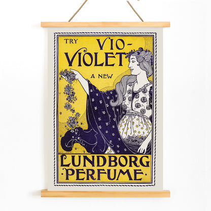 Art Nouveau perfume poster by Louis Rhead featuring a woman holding flowers with floral motifs, with wooden magnetic frame on white background