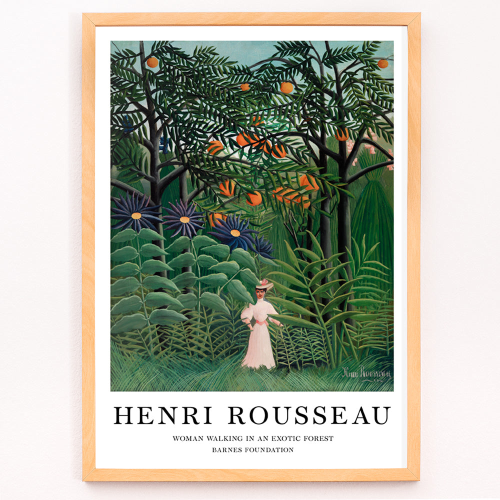 Closeup detail of Woman in white dress walking through lush jungle plants in Exotic Forest by Henri Rousseau poster