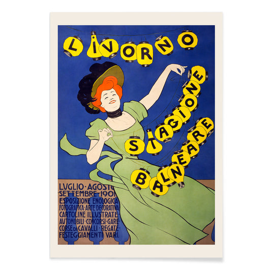 Woman in green dress holding yellow lanterns Livorno stagione balneare by Leonetto Cappiello poster on blue background, with black aluminium frame on white background