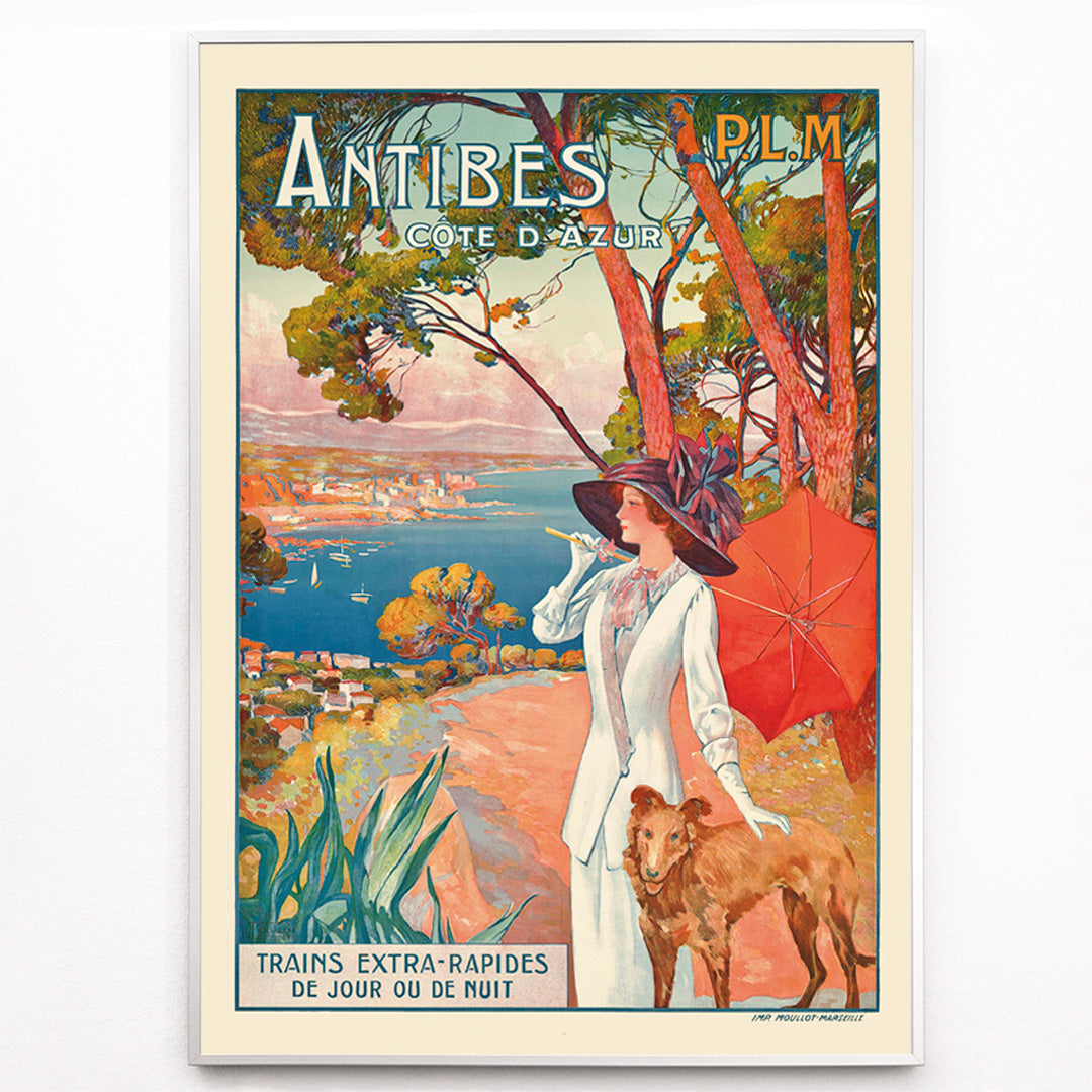 Closeup detail of Elegant lady with dog and stylish woman with red umbrella overlooking Antibes French Riviera coastline by David Dellepiane