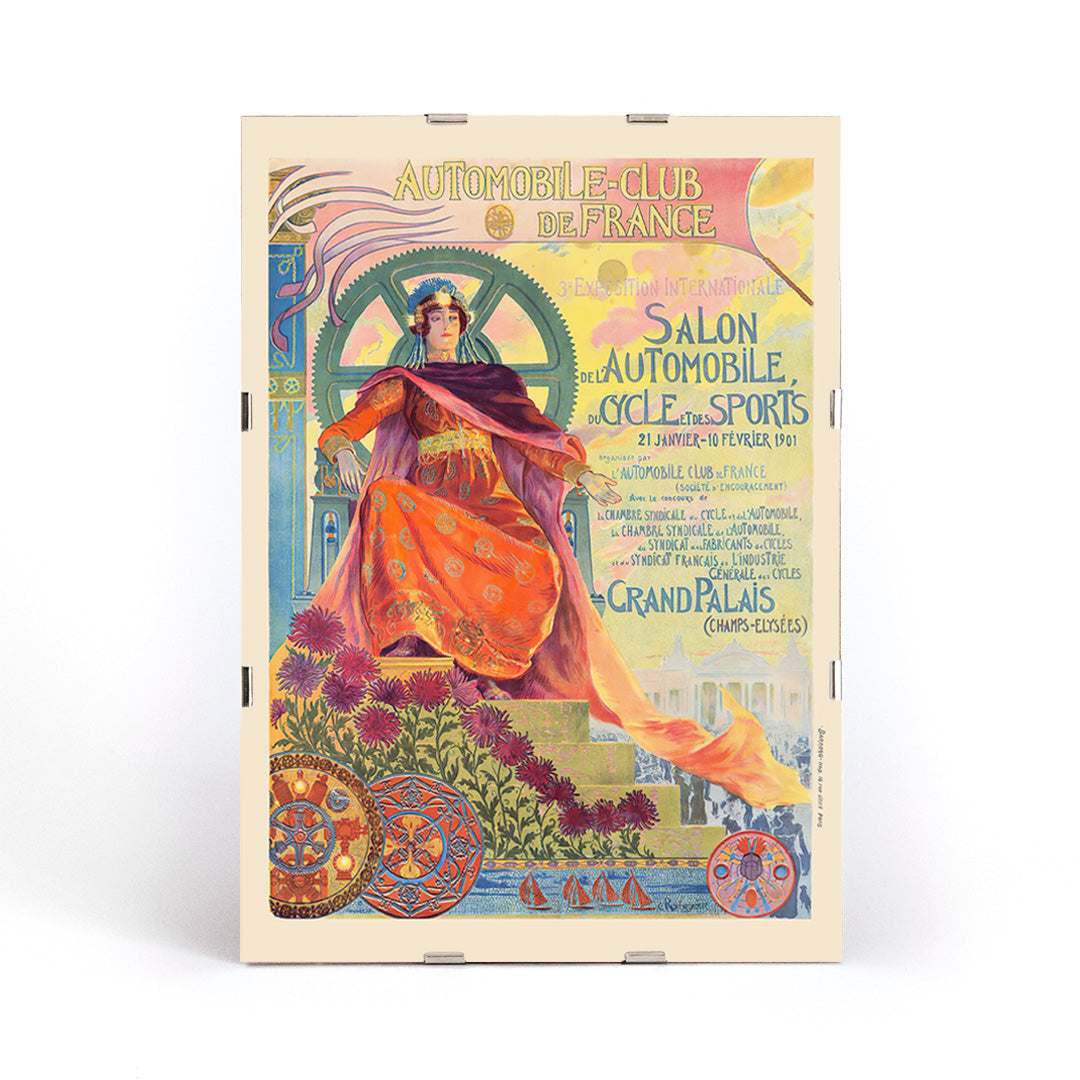 Art Nouveau poster of a regal woman with vibrant colors gears and flowers by Georges Antoine Rochegrosse for Automobile Club De France, framed and displayed in modern living room decor