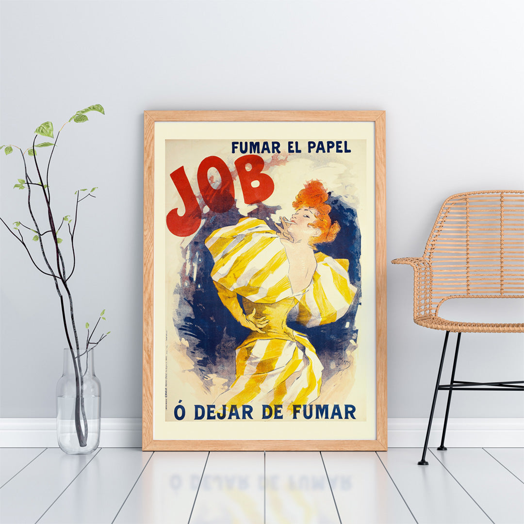 Vintage poster of a woman in a yellow striped dress with red hair advertising Fumar El Papel Job O Dejar De Fumar cigarette papers by Jules Cheret, framed and displayed in home decor