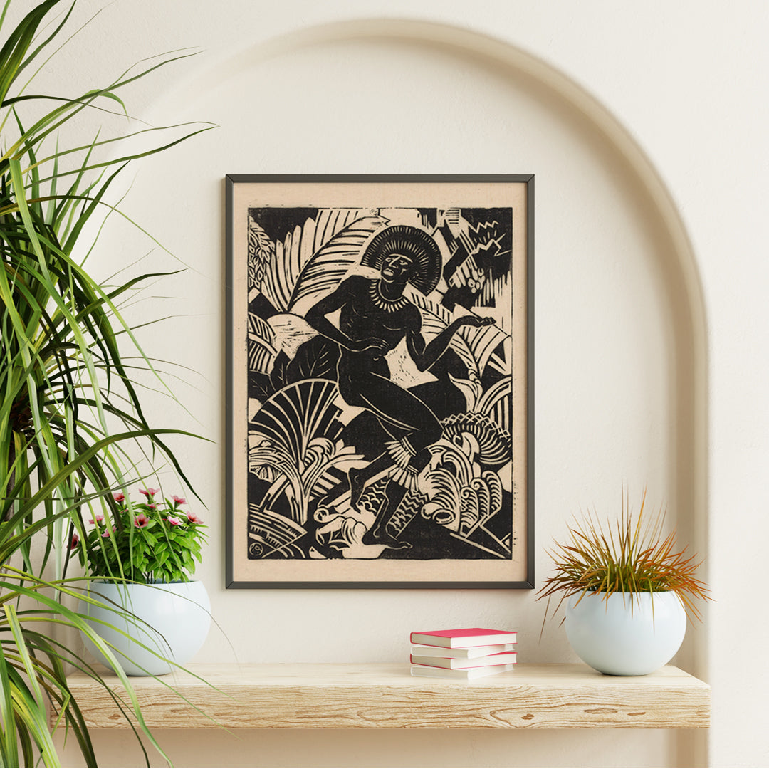 Black and white artwork and poster of a stylized dancing figure among bold jungle plants by Henri van der Stok Jager, framed and displayed in home decor