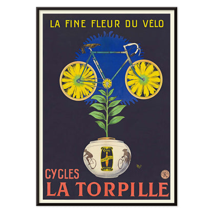 Michel Liebeaux La fine fleur du vélo poster with yellow bicycle rising from flower pot, green plant, dark background, vintage advertising style, with black aluminium frame on white background