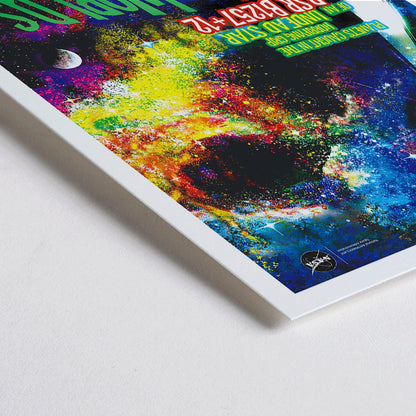 Closeup detail of Colorful cosmic-themed NASA artwork titled Zombie Worlds showing planets around an undead star with poster text in a vibrant space scene